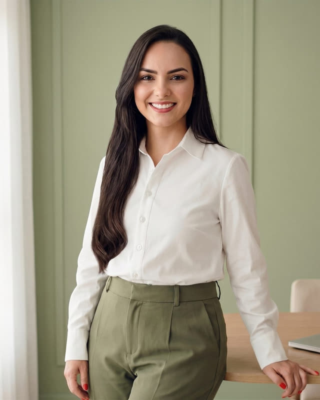 Isabela Chaves em pé junto à mesa de uma sala de reunião corporativa